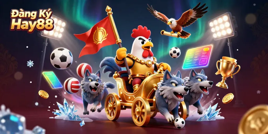 Engage with Đăng Ký Hay88 by experiencing a vivid 3D scene of a rooster warlord leading a dynamic battle, surrounded by sports elements and luxurious highlights.