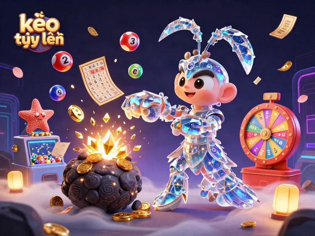Engage with kèo trực tuyến as a galactic samurai mantis shrimp escapes asteroids showering gold gems and colorful lottery elements.