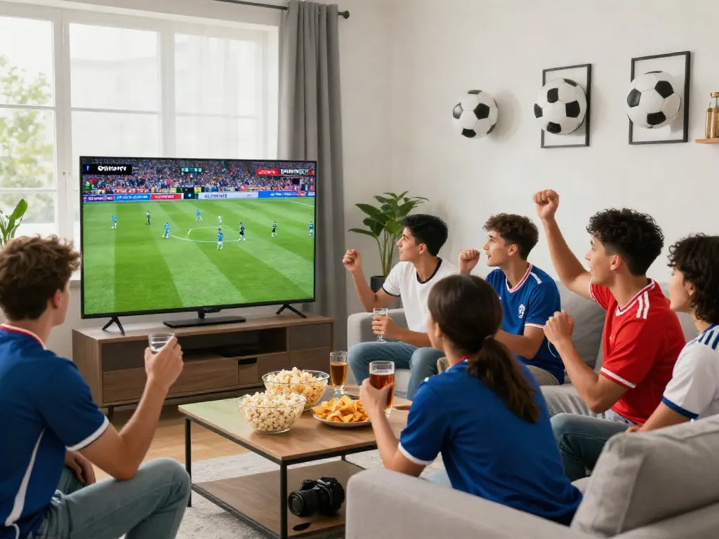 Friends enjoying a live football match on Gavangtv in a vibrant living room.