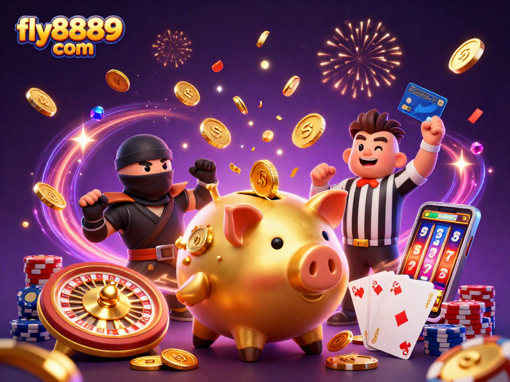 Experience winning spins and thrilling action at fly8889 com with this dynamic casino scene featuring colorful characters.