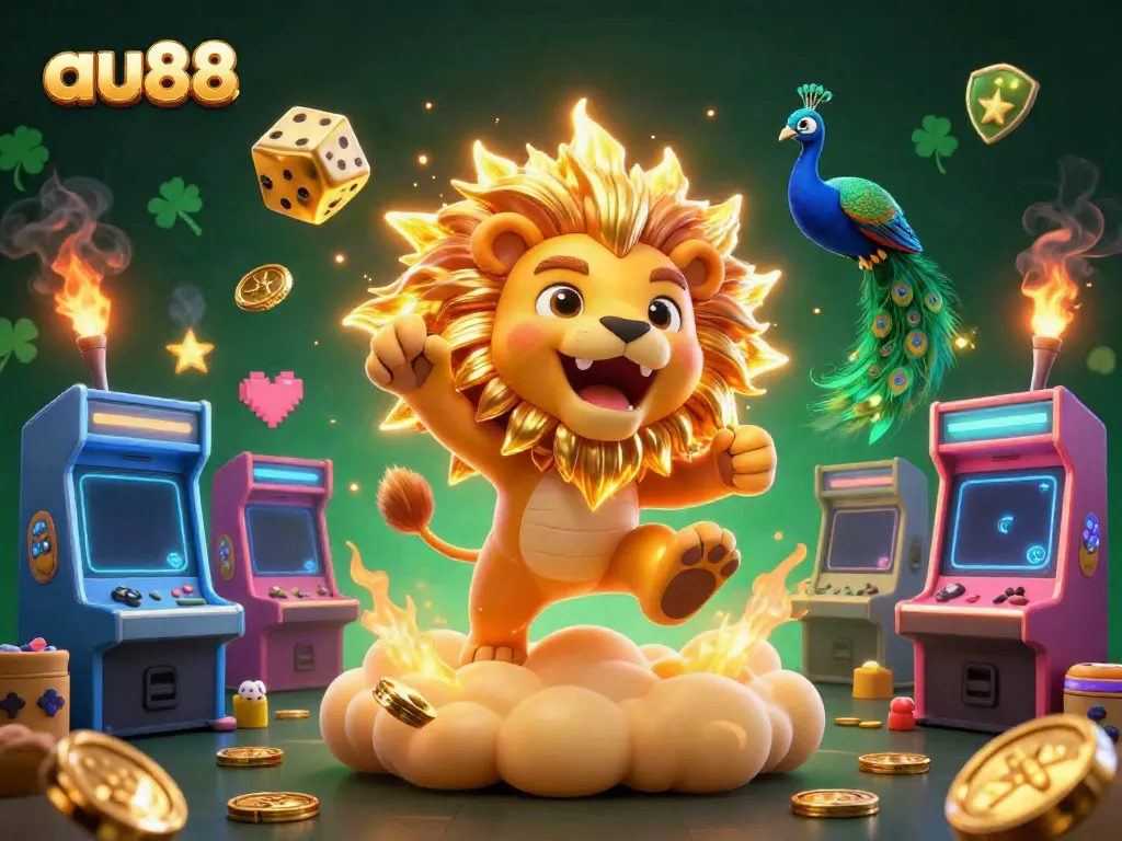 Experience the excitement of au88 with a vibrant 3D casino scene featuring a roaring lion and dynamic gaming elements.