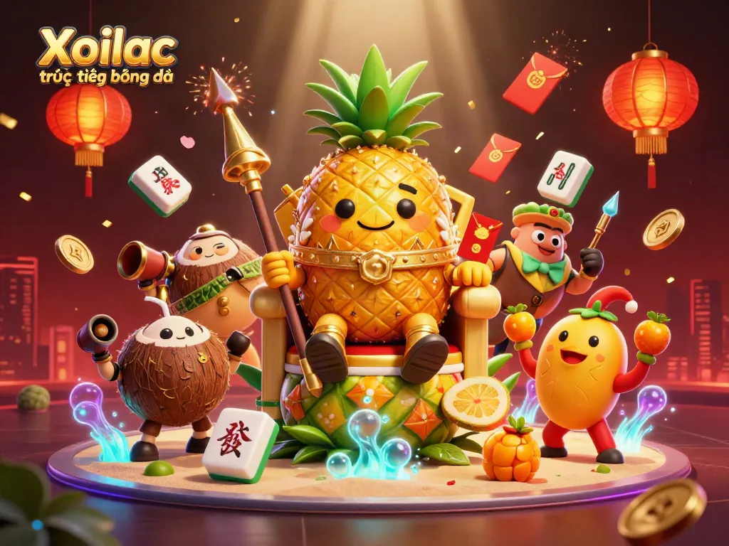 Xoilac trực tiếp bóng đá captures a vibrant casino scene featuring a pineapple king and dynamic gaming elements.