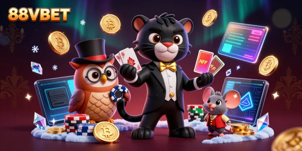 Play exciting cards at 88VBET with a stylish panther dealer, owl, and lucky mouse.