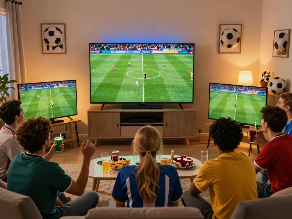 Fans enjoying a live match on Xoilactv in a cozy home atmosphere.