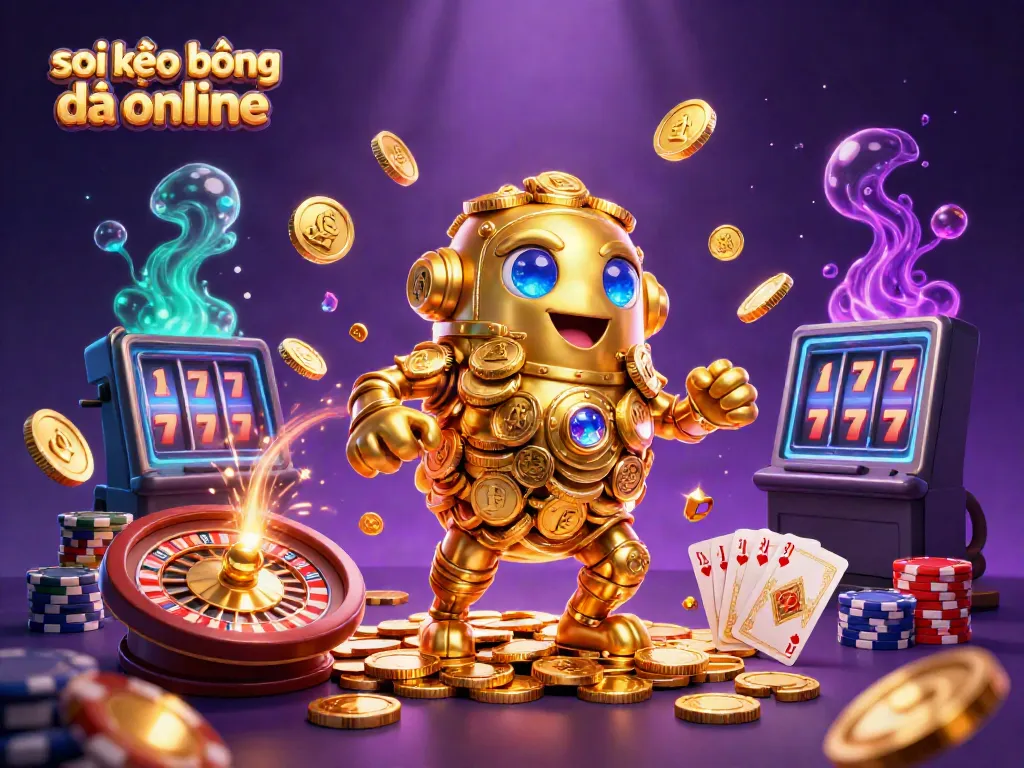 Soi kèo bóng đá online illustration showcasing a dynamic golden golem amidst casino elements and animated coins.