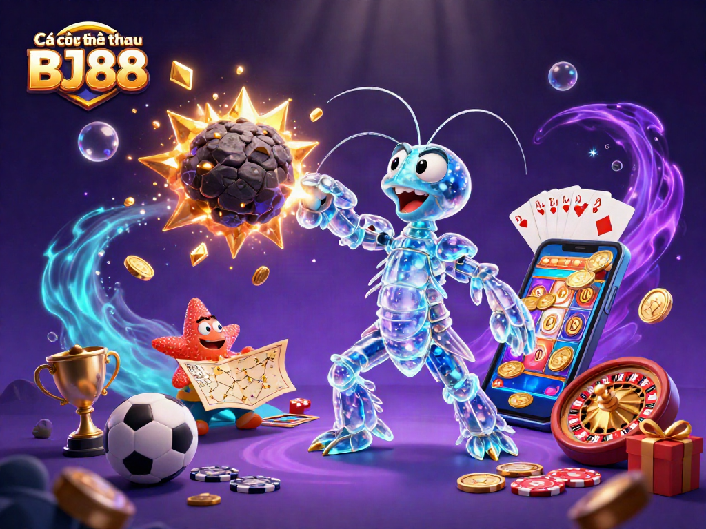 Cá cược thể thao BJ88 showcases an epic battle with a galactic mantis shrimp and navigating starfish amid vibrant sports betting elements.