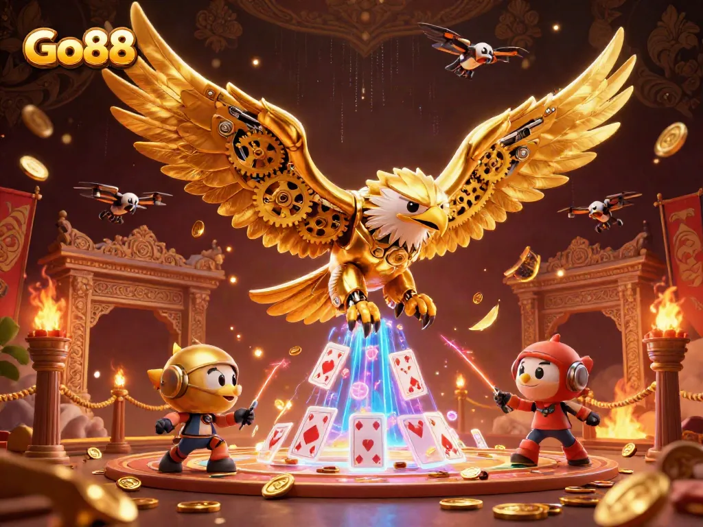 Engage with Go88's vibrant casino world featuring a cybernetic eagle and dynamic game elements.