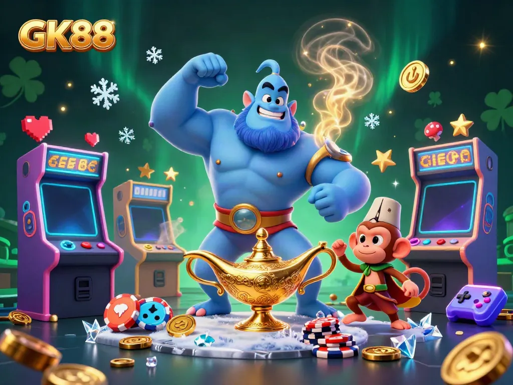 Engage with GK88 in a vibrant casino world featuring a genie, monkey, and neon game elements.