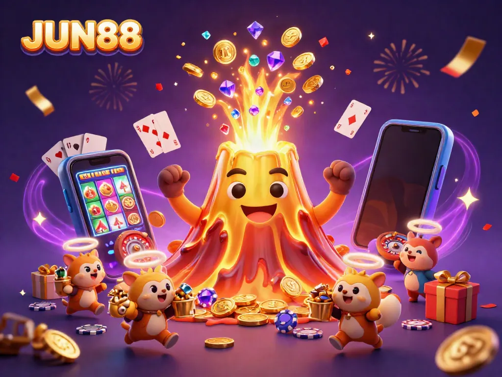Experience excitement at JUN88 with a golden volcano erupting treasures, surrounded by vibrant casino game elements.