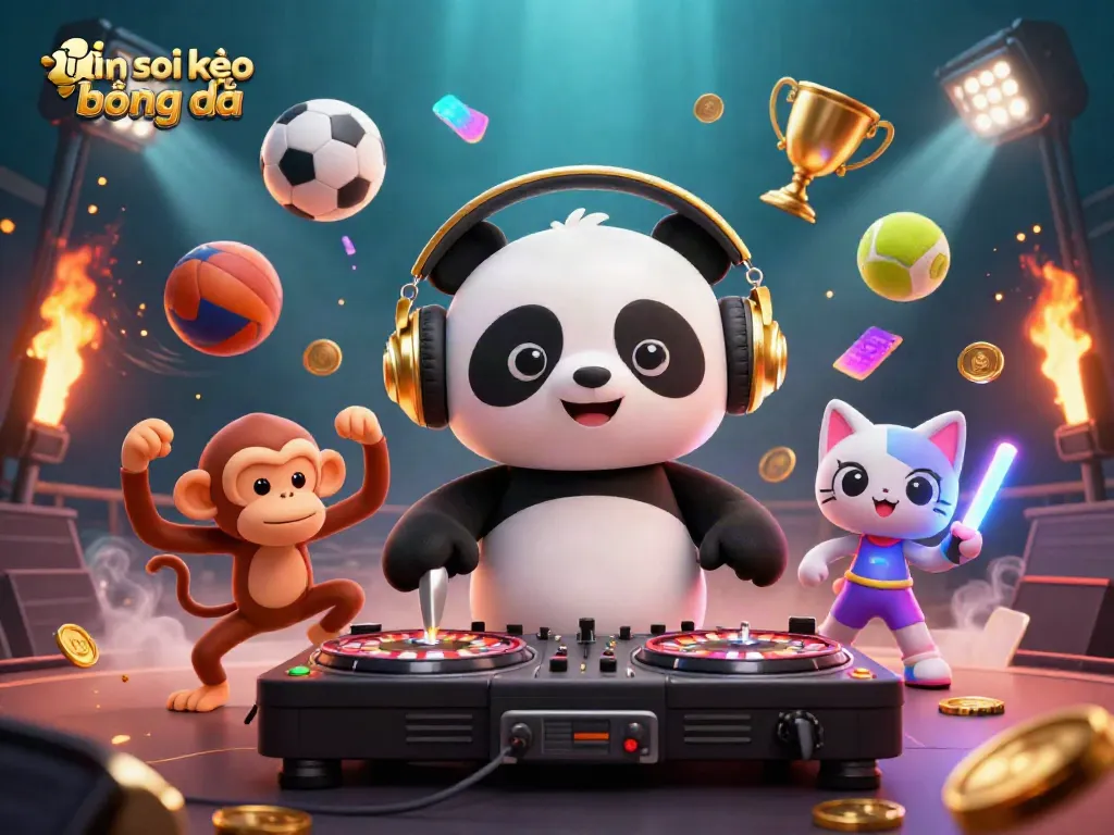 Engaging scene of tin soi kèo bóng đá with a DJ panda and dance elements, showcasing sports betting excitement