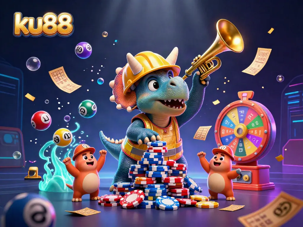 Engage with ku88's dynamic gaming scene featuring cheerful 3D characters celebrating an exciting casino atmosphere.