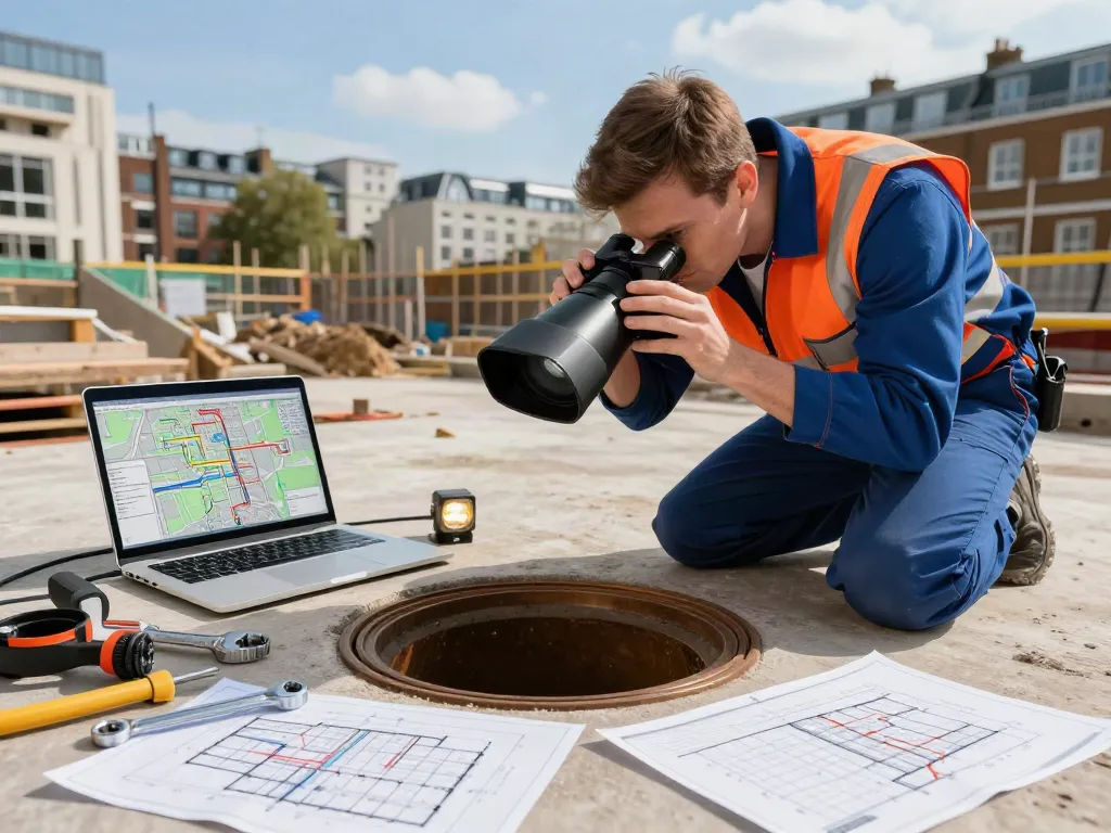 Drainage Mapping London technician using CCTV camera to inspect drainage systems in a construction setting with maps and tools.