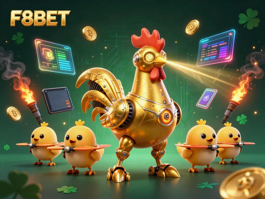 Experience the excitement of F8BET's casino with a vibrant 3D illustration featuring futuristic gaming elements and golden designs.