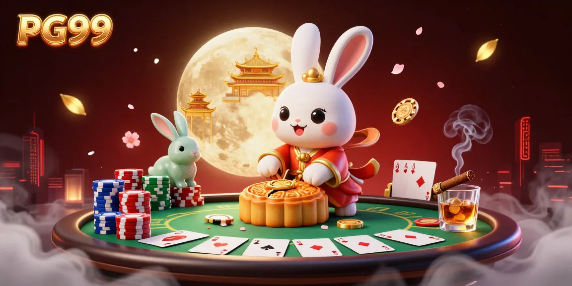 Play exciting poker games with PG99 and a 3D moon rabbit pounding mooncakes revealing poker chips.