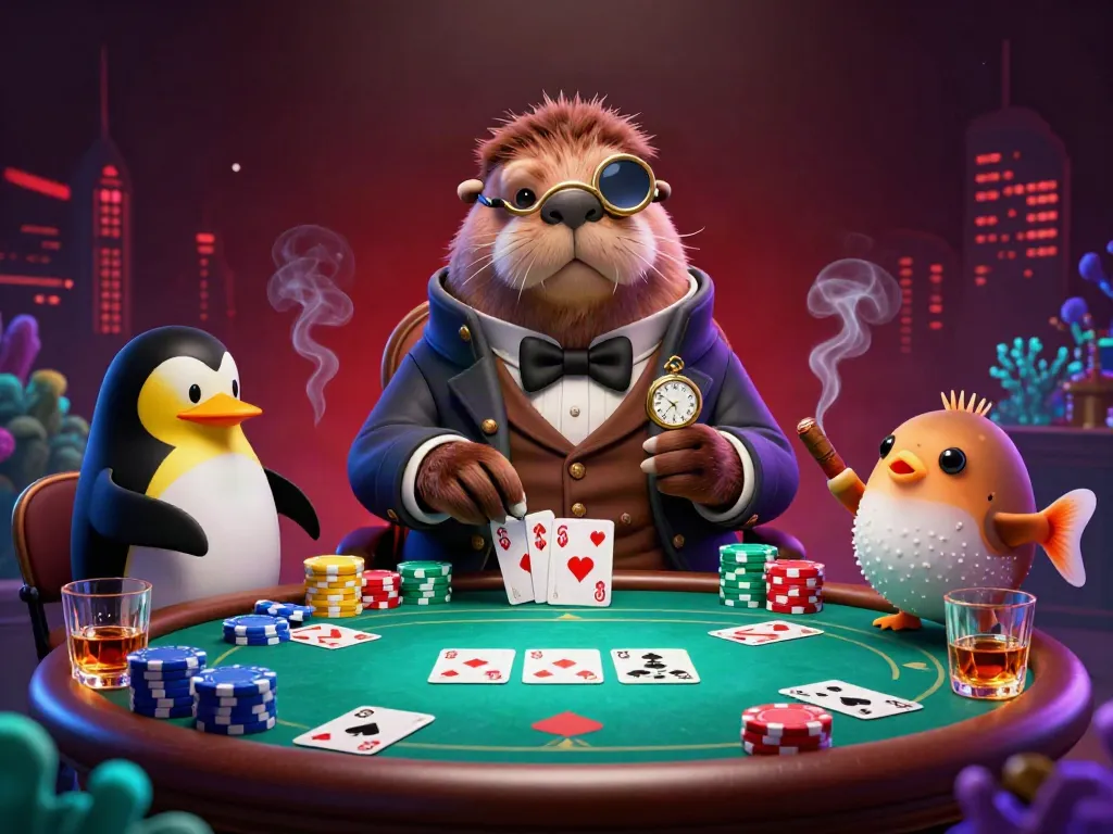 Socolive trực tiếp bóng đá engaging gameplay scene showcasing a jolly walrus, penguin dealer, and bluffing pufferfish in an underwater poker game.