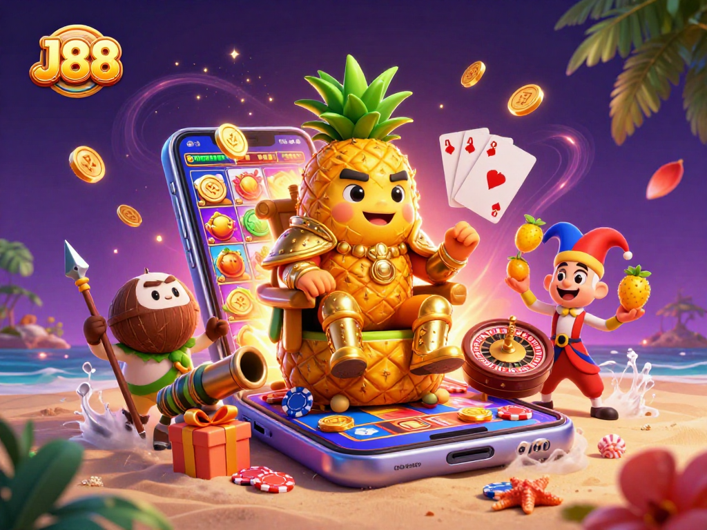 Experience the excitement of J88 with a vibrant 3D casino scene featuring a golden pineapple king and interactive slots.