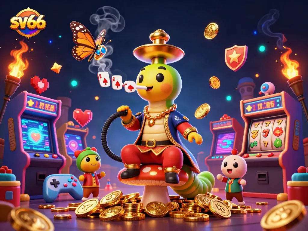 Play poker hands and win with sv66's colorful game-themed casino illustration featuring vibrant elements.