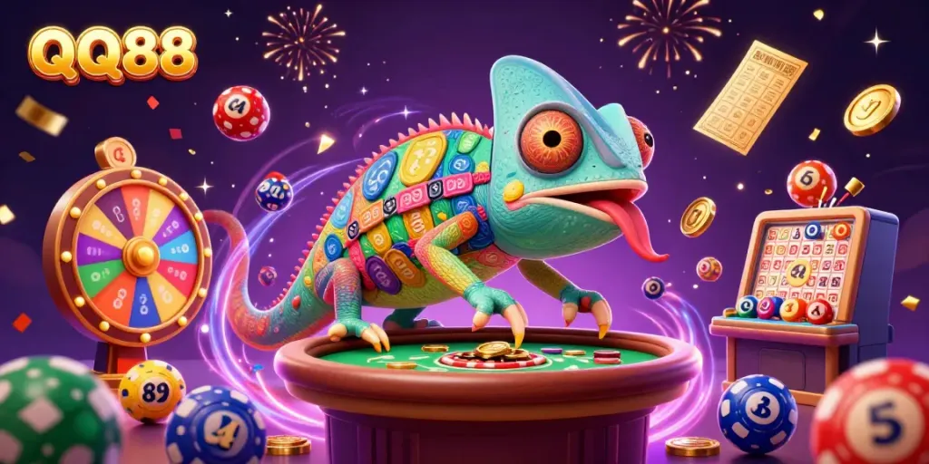 Experience QQ88’s dynamic casino atmosphere with colorful lottery balls and a lively chameleon owner.