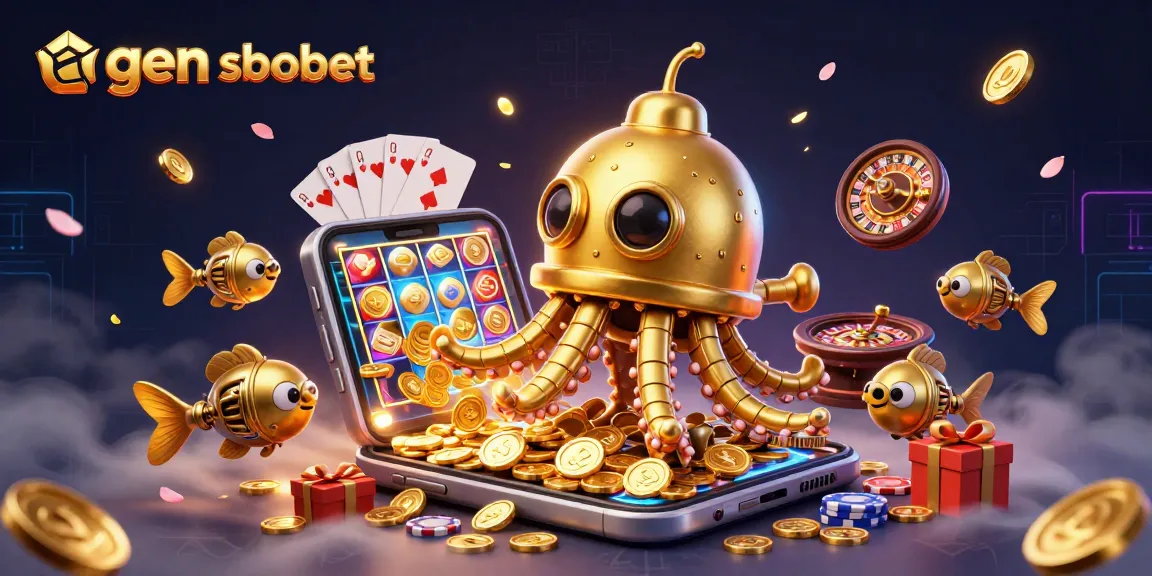 Engage with agen sbobet through a vibrant underwater scene showcasing a kraken submarine amidst golden coins and gaming excitement.