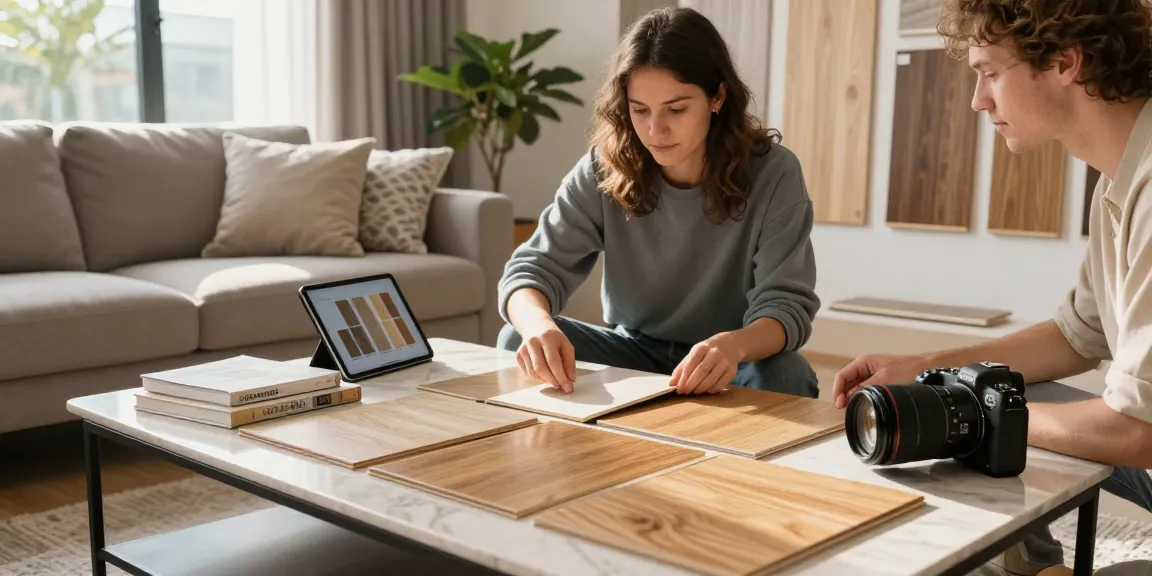 The ultimate flooring buyer’s guide: Couple exploring laminate and engineered wood choices in a bright living room.