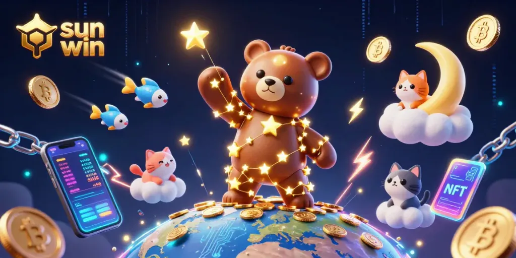 Engage with the exciting world of sun win as a constellation bear collects coins amidst vibrant casino elements.