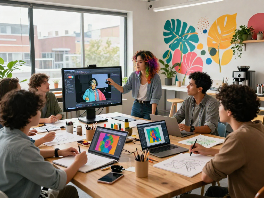 Creative team collaborating using nsfw ai tools in a vibrant studio.