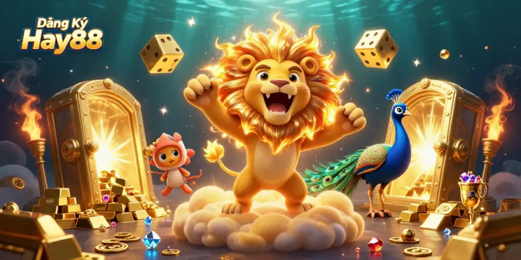 Engage with Đăng Ký Hay88 in a vibrant, 3D casino scene featuring bold golden elements and dynamic game symbols.