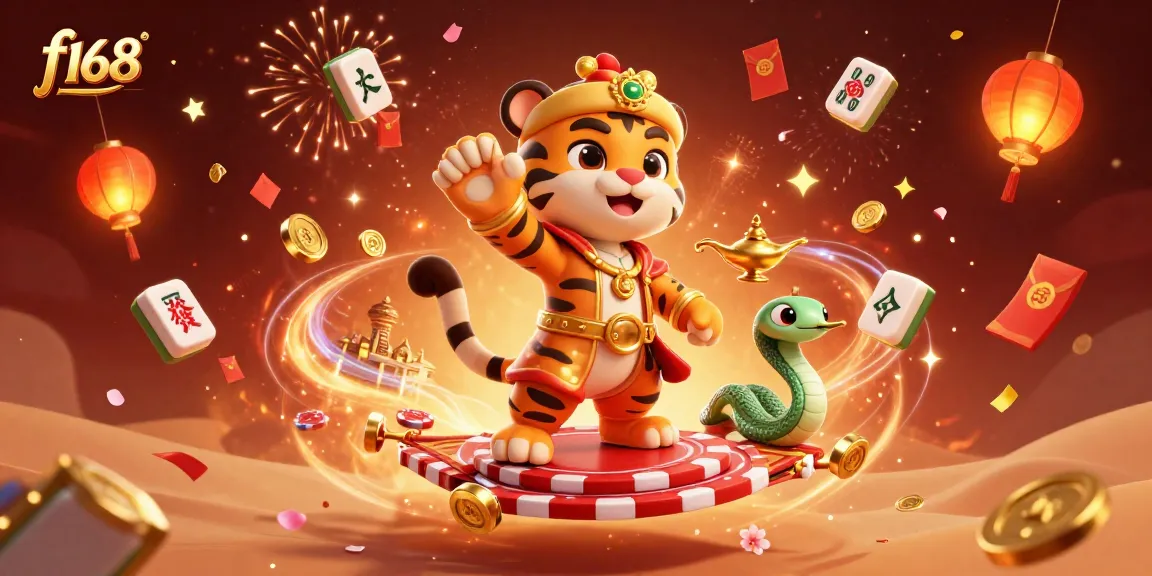 Experience the thrill of f168 with a vibrant tiger sultan, poker chips, and festive gambling elements.
