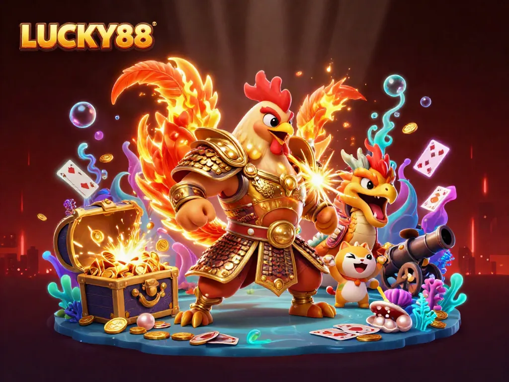 Experience the thrilling action of LUCKY88 with dynamic characters and vibrant game elements in this captivating 3D illustration.