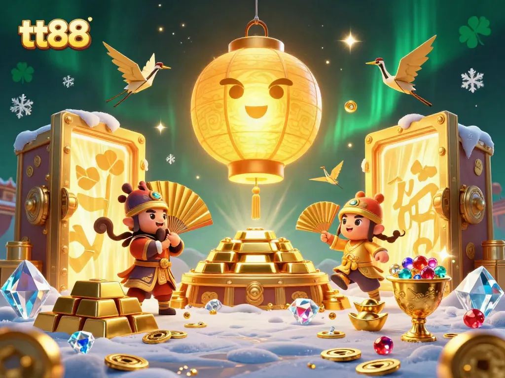 Experience excitement at tt88 casino with vibrant 3D illustration of golden treasures and lucky symbols.