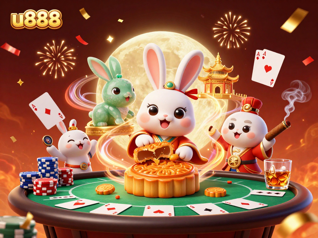 u888 celebrates with a festive scene of a moon rabbit and poker elements showcasing the excitement of online casino gaming.