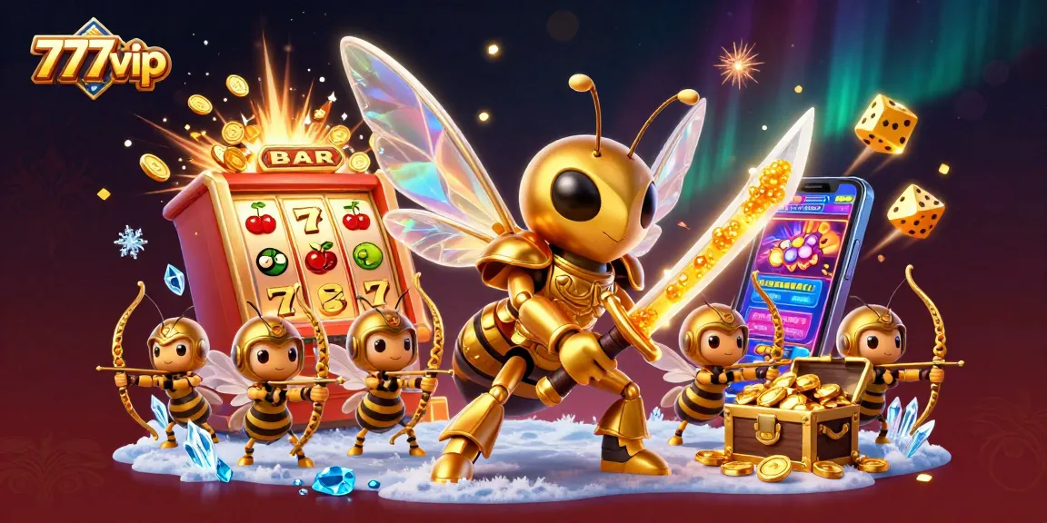 Engage with 777vip's vibrant gaming scene showcasing a golden hornet samurai and exciting casino elements.