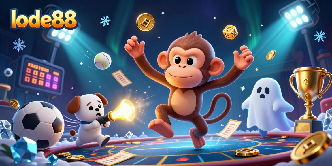 Engage with lode88's thrilling haunted casino scene filled with dynamic sports elements and playful characters.