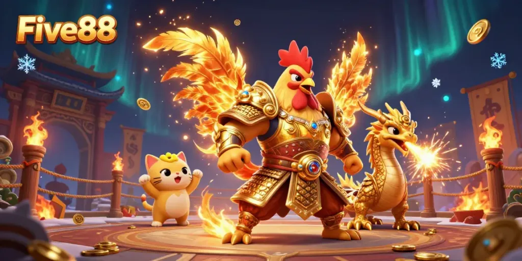 Engage in epic battles at Five88 with a colorful illustration of a warrior rooster, dragon, and fortune cat.