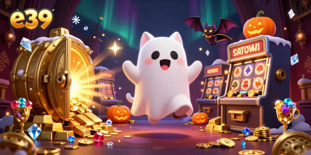 Engaging ghost cat and bat in a vibrant E39 haunted casino, surrounded by glowing treasures.