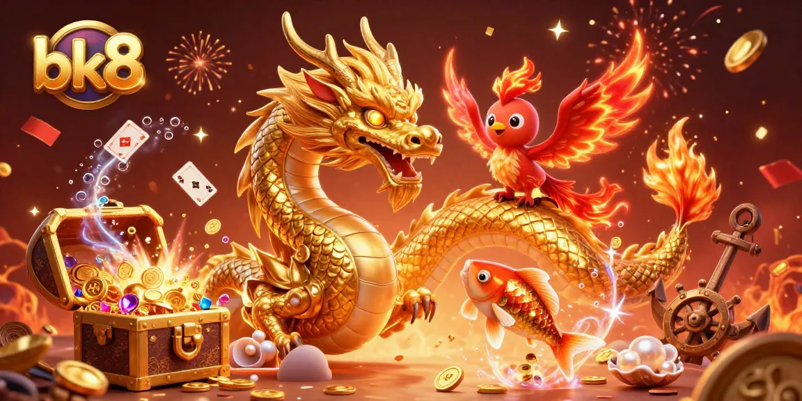 Win big with bk8 while enjoying a vibrant scene featuring a golden dragon, phoenix, and koi fish in an online casino.