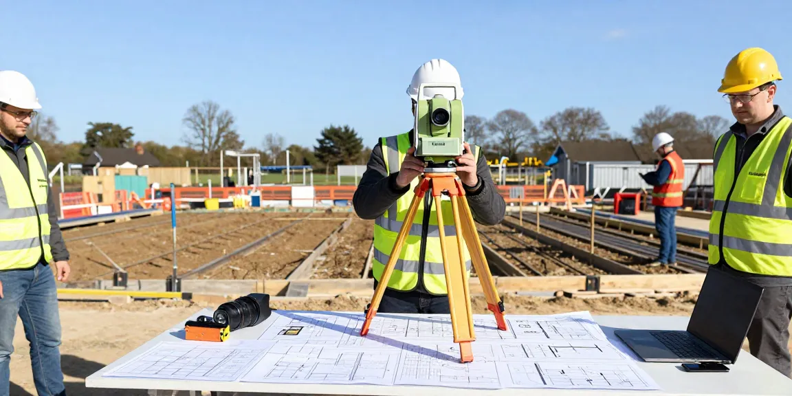 Site Engineering Setting Out Surrey, qualified engineer measuring ground positions on construction site with total station and construction plans.