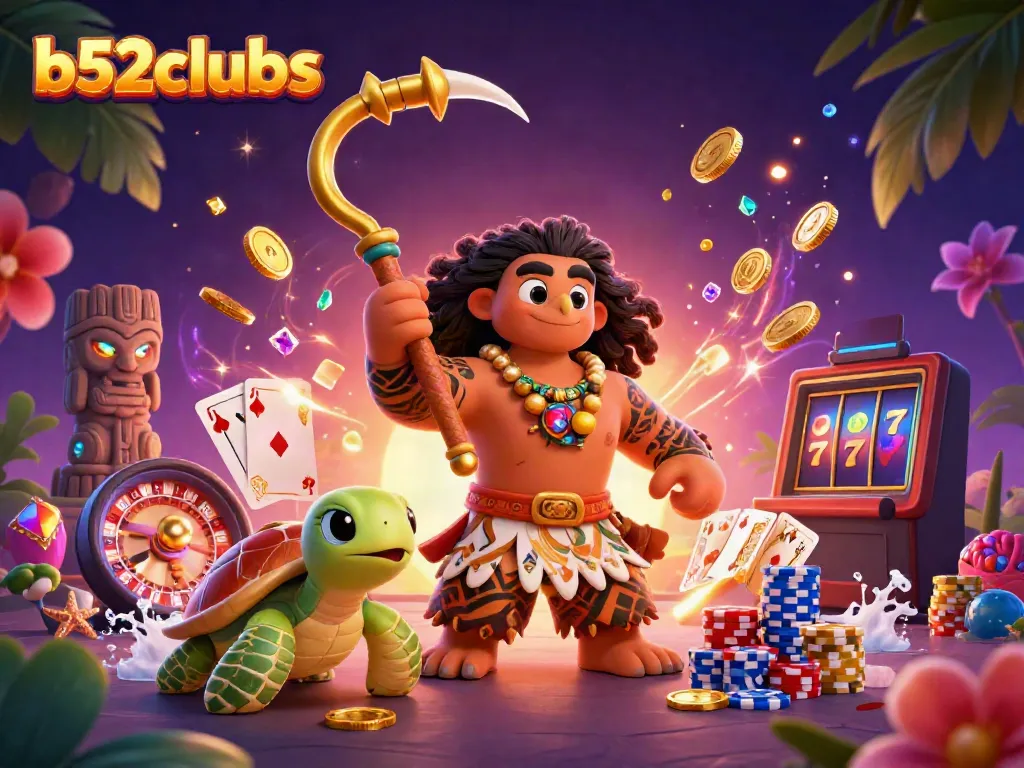 Experience the thrill of b52clubs with a vibrant 3D illustration of a demigod and turtle, surrounded by casino elements.