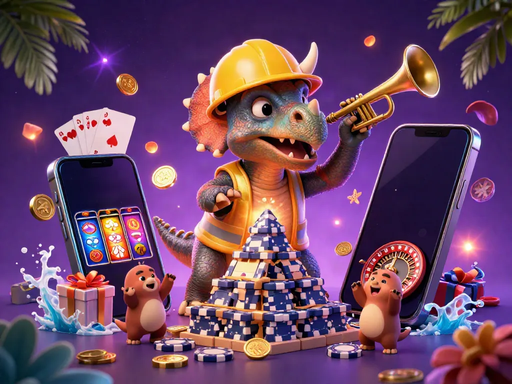 Experience excitement at May88 with a vibrant scene of cartoon dinosaurs celebrating gambling wins amidst dynamic gaming elements.