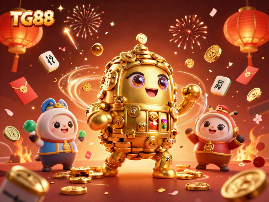 TG88 showcases an elaborate casino illustration featuring a golden golem and vibrant game elements.