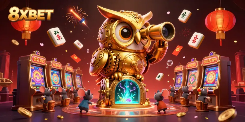 Play exciting games and win at 8XBET with a vibrant casino illustration showcasing unique characters and elements.
