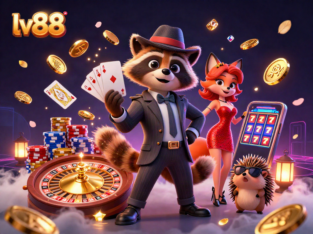 Play exciting lv88 casino games with a charming raccoon, fox, and hedgehog in action!
