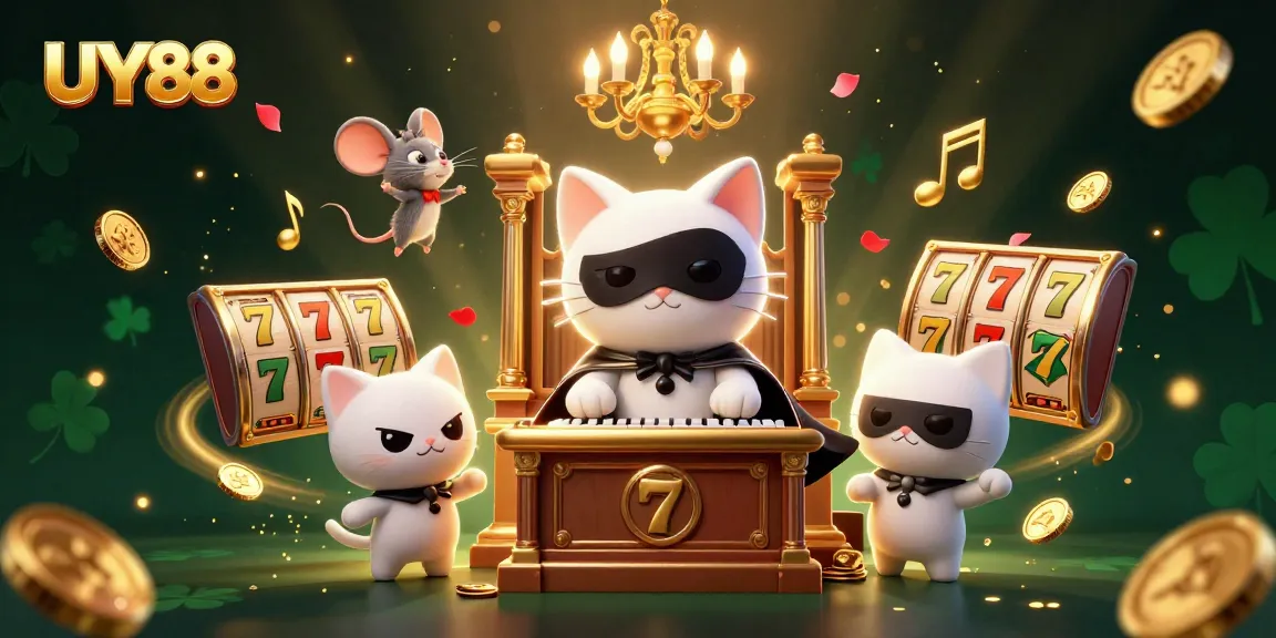 Experience thrilling gameplay with UY88 in a vibrant 3D casino scene featuring action-packed slot reels.