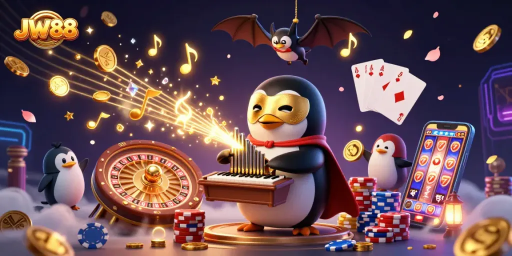 Engage with JW88 by playing thrilling casino games as golden coins fly around in a vibrant scene.