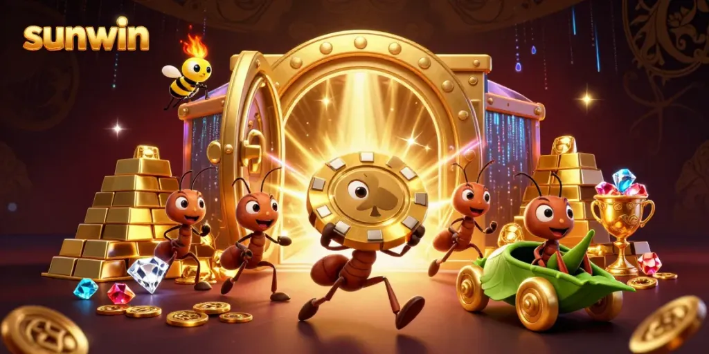 Experience the thrill of Sunwin with ants stealing a giant poker chip in a vibrant casino heist scene.