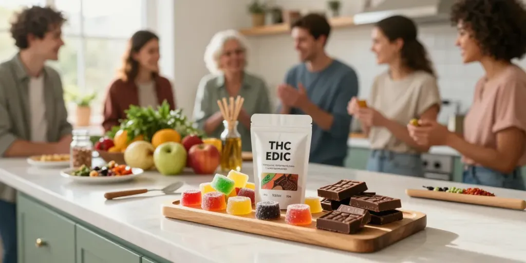 THC edibles in UK arranged beautifully in a warm kitchen setting, emphasizing vibrant colors and inviting atmosphere.