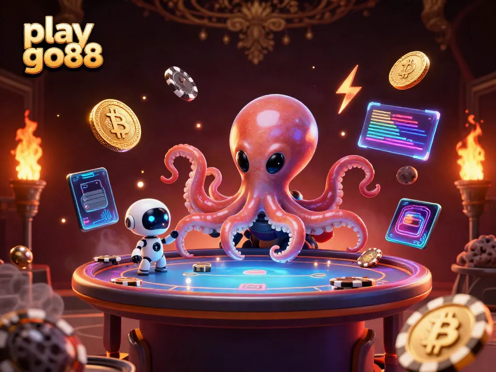 Experience play go88 with an alien octopus at a holographic poker table, surrounded by dynamic crypto elements.