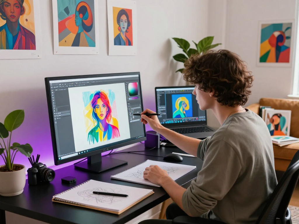 NSFW AI art creation scene with artist in a vibrant digital studio.