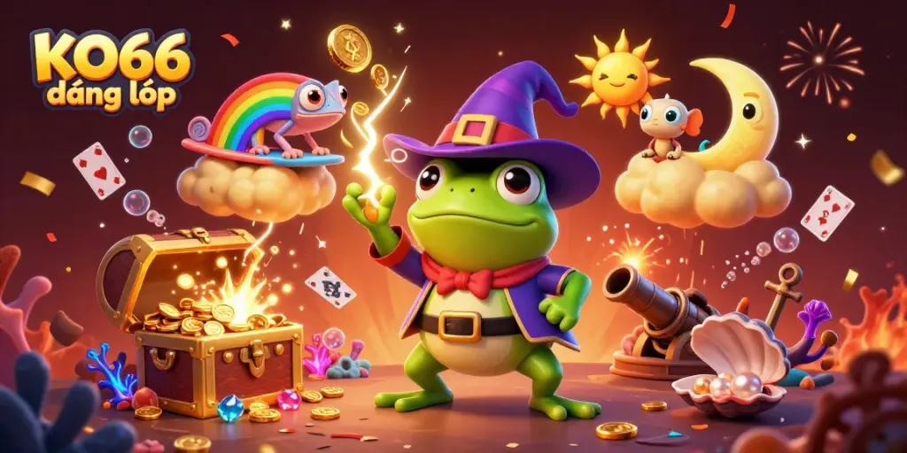 Experience excitement with KO66 đăng nhập as a wizard frog unleashes golden coins amidst vibrant gaming elements.