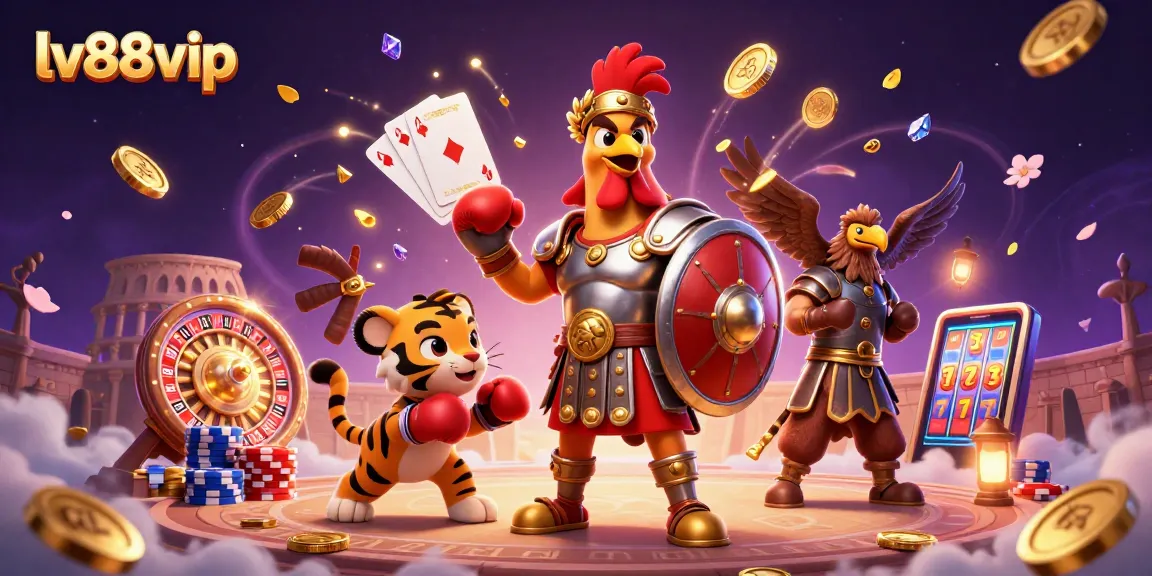 Win big at lv88vip with a vibrant 3D casino scene featuring gladiators and gaming elements.